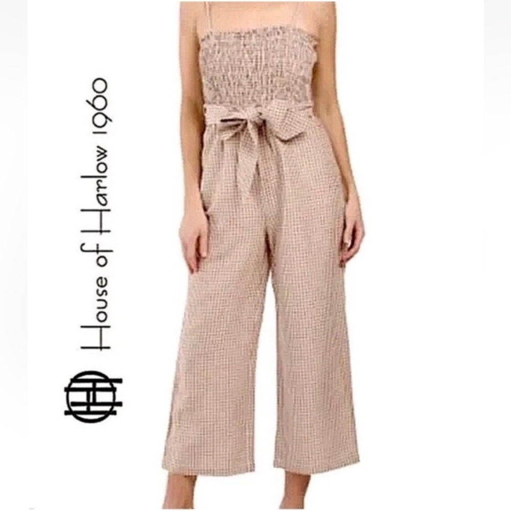 House of Harlow 1960 Beige Gingham Strapless Jumpsuit